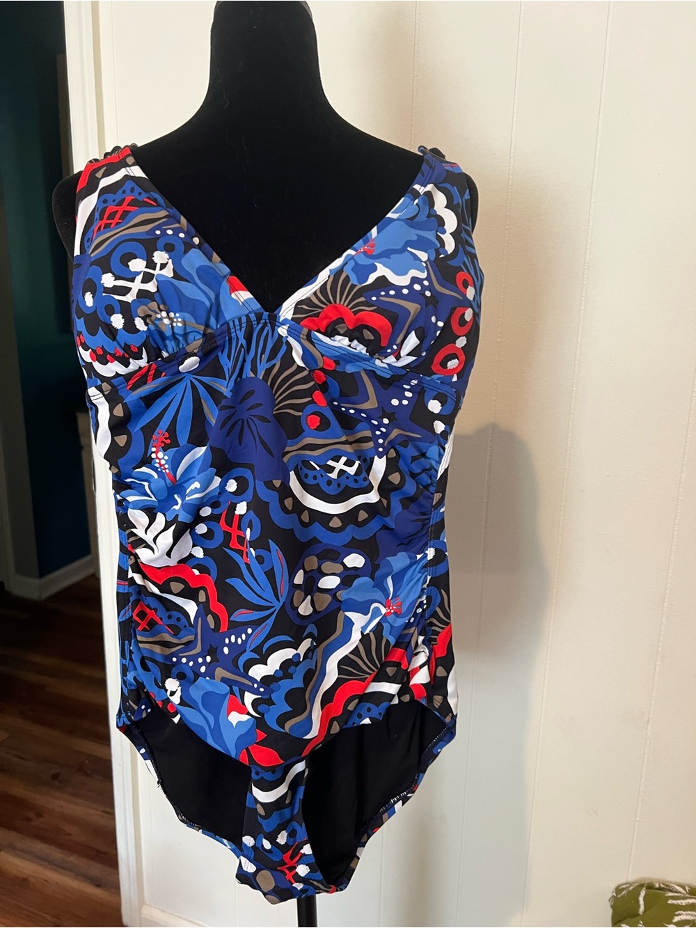 TOMMY BAHAMA size 10 Blue, Red, black One-Piece Swimsuit with Blue Logo Tag. B8